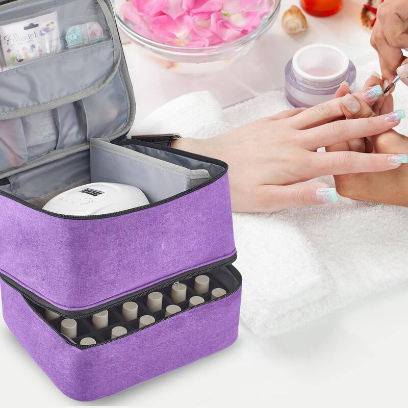 Double-Layer Nail Polish Organizer Bag, Holds 27 Bottles, Nail Tools & Dryer Storage Case with Adjustable Dividers
