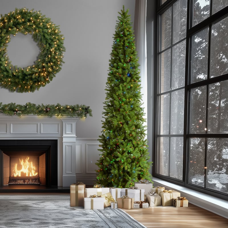 National Tree Company 12 ft Pre-Lit Downswept Douglas Fir Slim Artificial Christmas Tree, 850 LED Lights, Includes Stand, Green