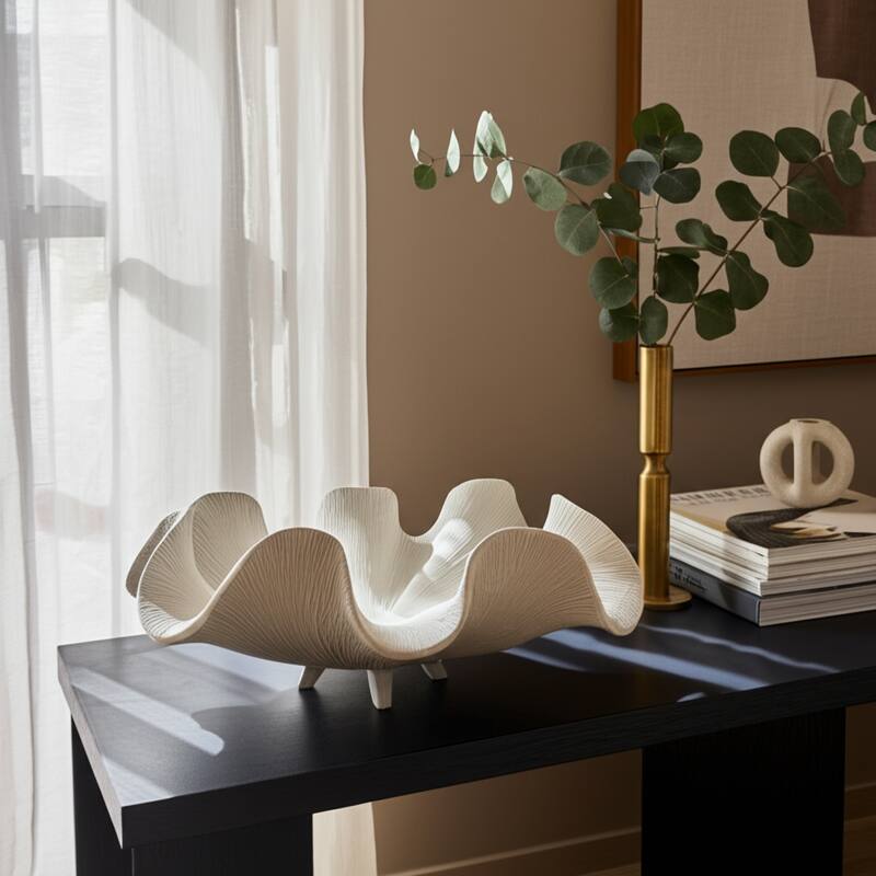 Resin Decorative Bowl Textured Wavy Sculptural Design - 17" White - 16.75" x 11.75" x 6.25" - White - 16.75" x 11.75" x 6.25"