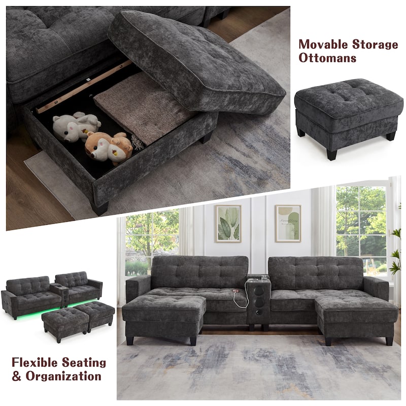 Modular U-shaped Sectional Sofa Couch with Movable Storage Ottomans, Multifunctional Console, Bluetooth Speakers and LED Lights
