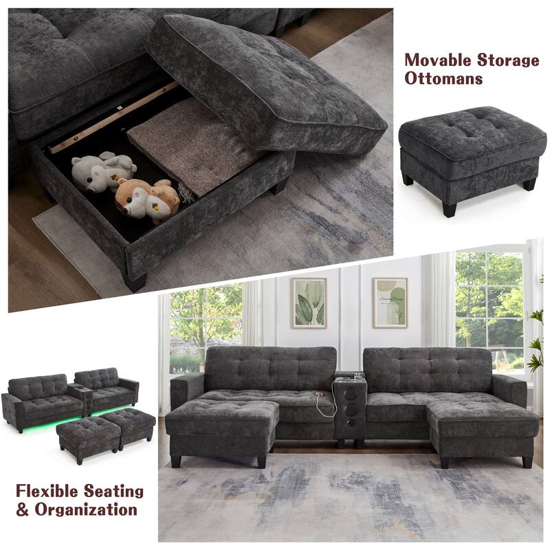 Roomfitters 126 Inch U-Shaped Modular Sectional Sofa with Storage Ottomans and Bluetooth Console
