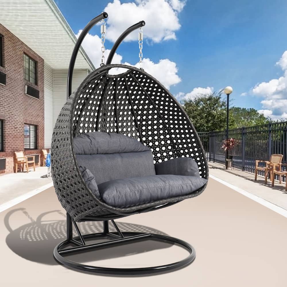 LeisureMod Full Wicker Double Egg Chair - Heavy-Duty Rust-Resistant Stand - 2-Person Outdoor Patio Hammock Swing with Cushions