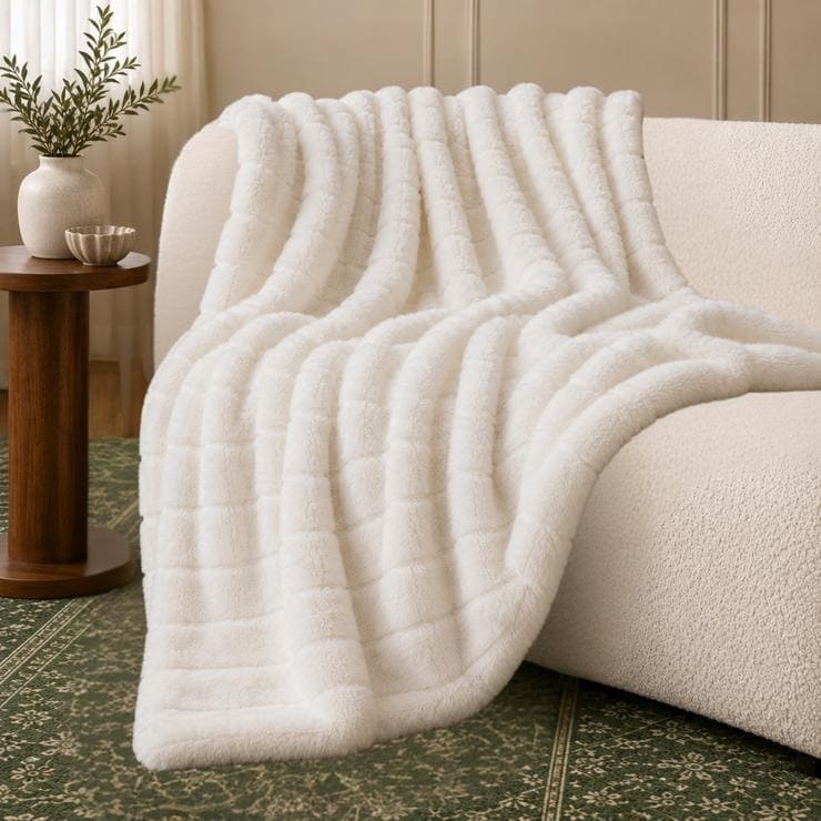 Luxury Oversized Throw Blanket with Plush Sherpa Backing, Ultra Soft Ribbed Texture, 60 x 80 Inch