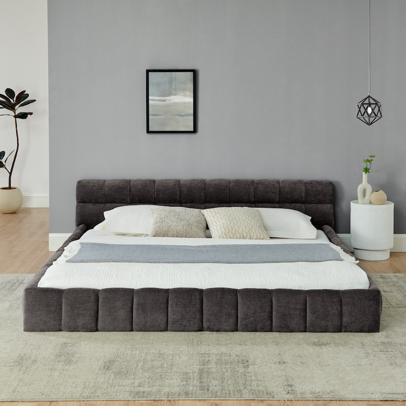 King Size Upholstered Floor Bed Frame with Thick Headboard, Chenille Fabric King Platform Bed w/Solid Frame, Wood Slats Support - Dark Gray - King