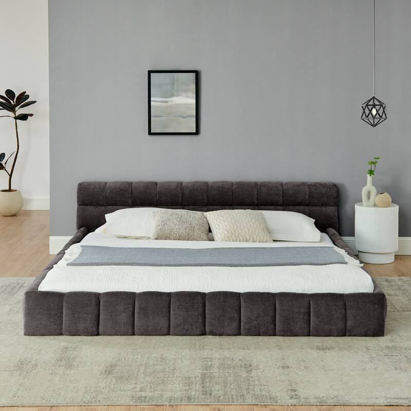 Roomfitters King Upholstered Low Platform Bed, Chenille Fabric Frame with Headboard, No Box Spring Needed