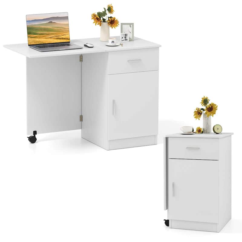 Compact Home Office Desk Folding Computer Desk w/ Storage Drawer - White