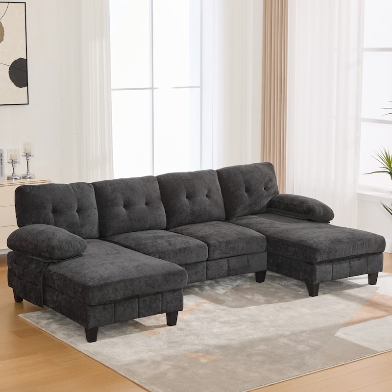 103.5" Modern Chenille U-shaped Sectional Sofa with Dual Chaise Lounges and Armrest Pillows - Black