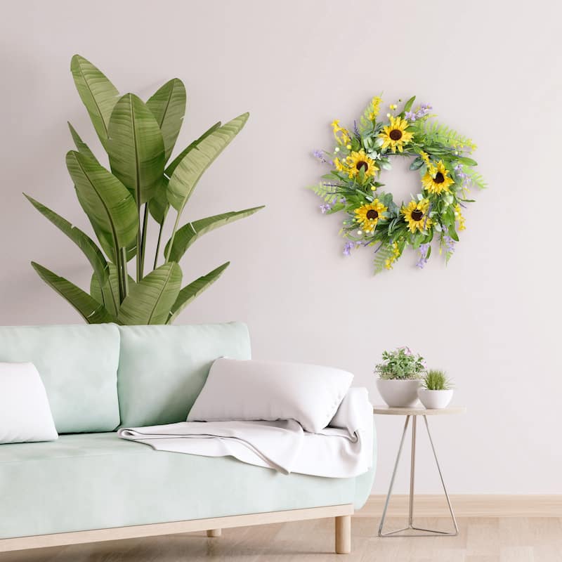 Sunflower and Lavender Artificial Spring Floral Wreath - 26" - Yellow and Green