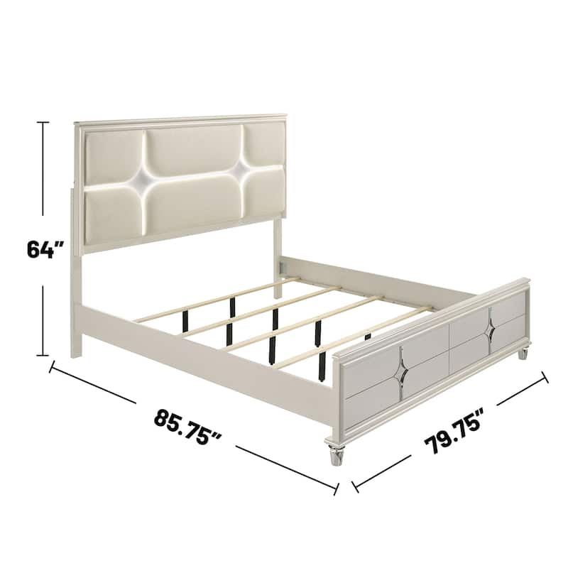 Upholstered Eastern King Bedroom Set with Acrylic Legs in Pearl White