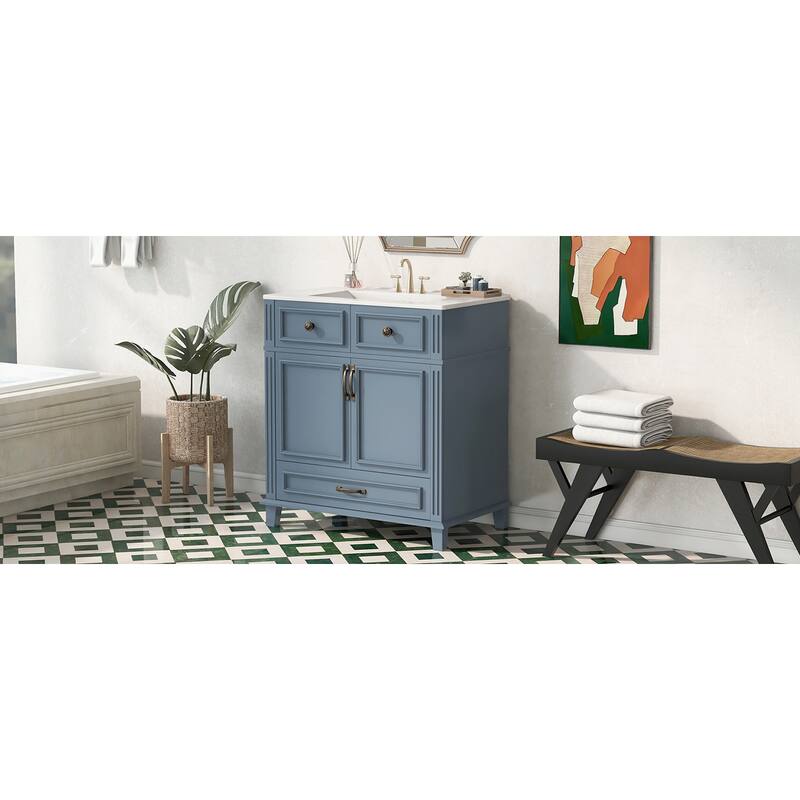 Roomfitters 30" Bathroom Vanity with Ceramic Sink, Solid Wood Cabinet, Soft Closing Doors, Retro Style, Blue