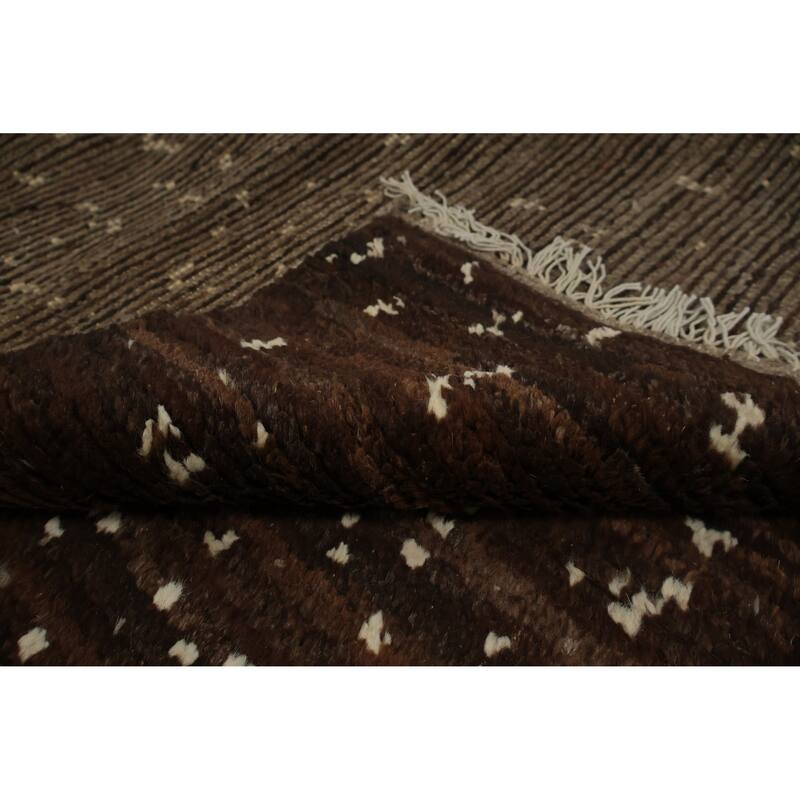 Hand Knotted Oriental 100% Wool Carpet Modern Geometric Brown Moroccan Area Rug - 8' 7'' X 6' 1''