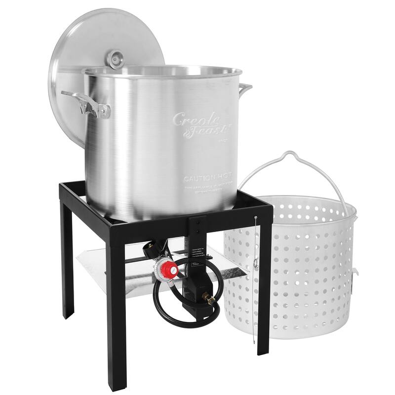 Creole Feast SBK0601,60 QT Seafood Boiling Kit with Strainer, Aluminum Gas Boiler with 10 PSI Regulator,Black&Sliver - Silver