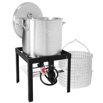 Creole Feast SBK0601,60 QT Seafood Boiling Kit with Strainer, Aluminum Gas Boiler with 10 PSI Regulator,Black&Sliver