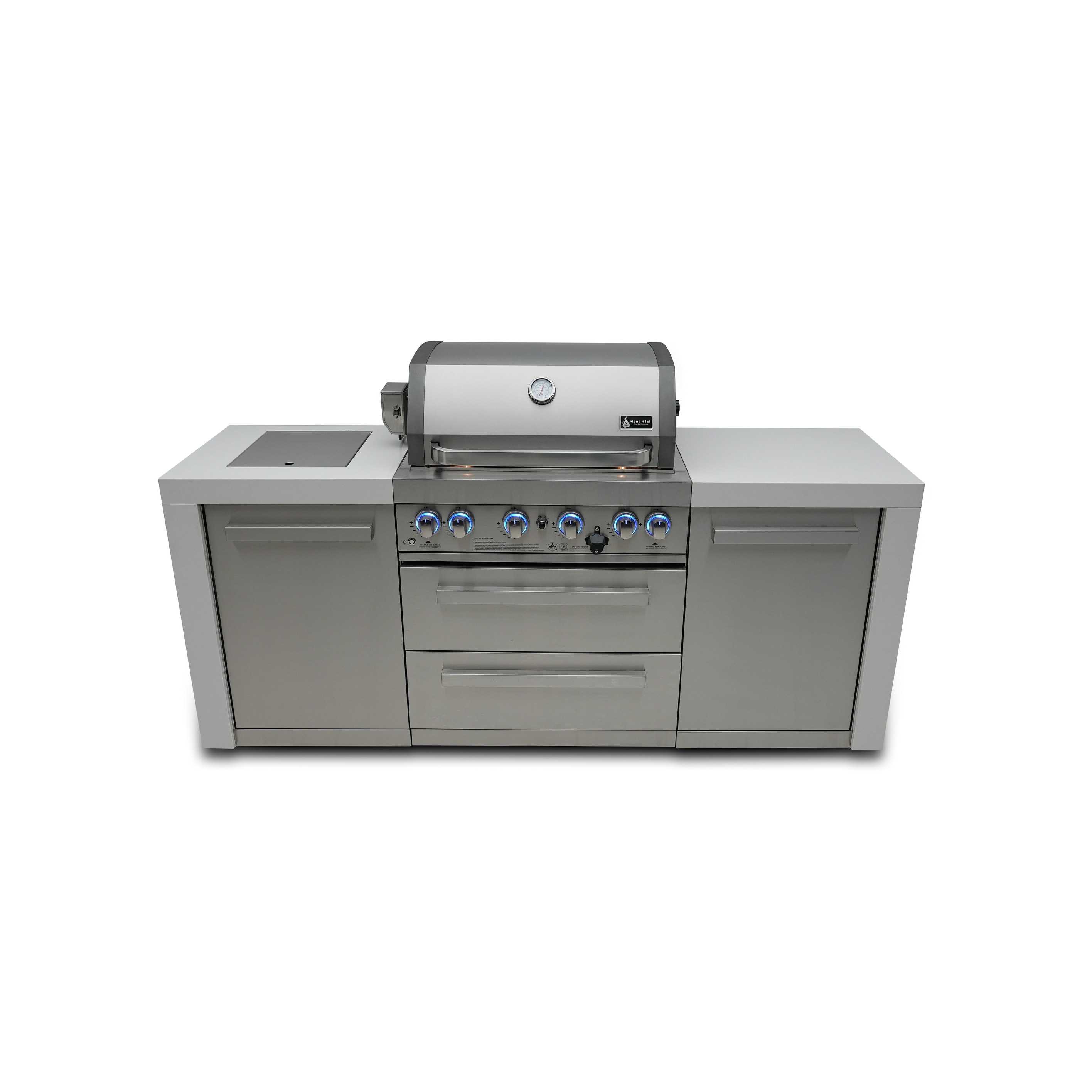 Mont Alpi Premium 82"W x 23"D Deluxe Stainless Steel Modular Outdoor Kitchen Island with Side Burner + 32"W 4-Burner BBQ Grill