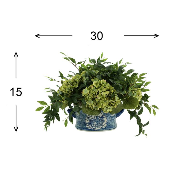 Hydrangea and Ruscus Arrangement in Ceramic Pot - Green, Blue, White