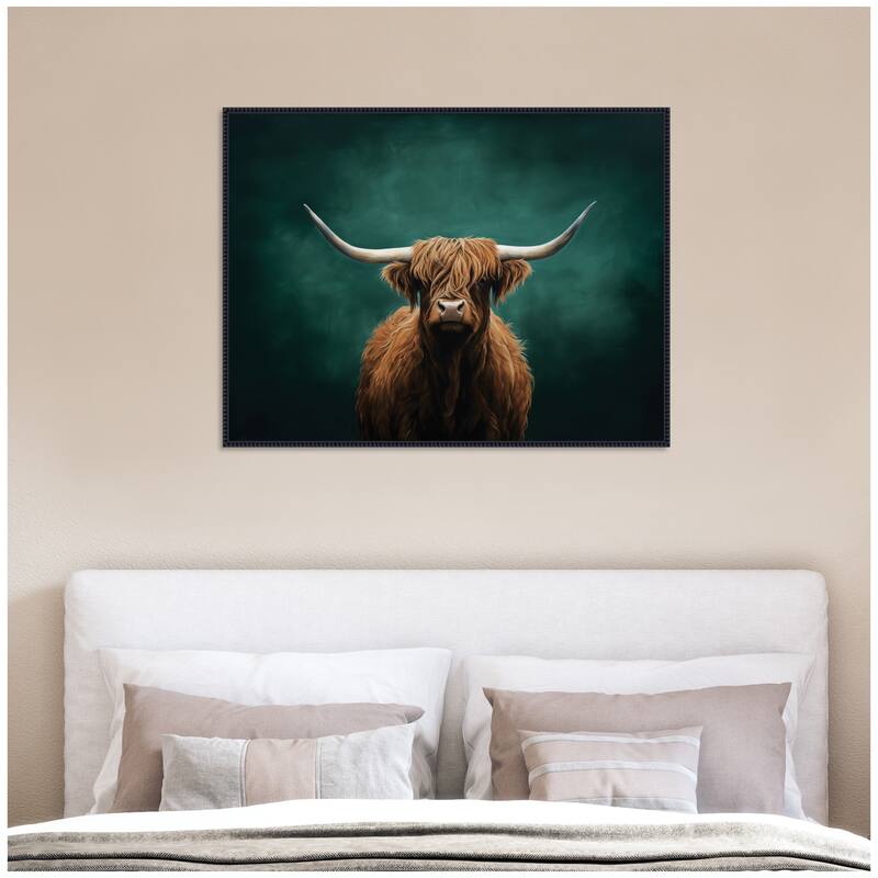 Kate and Laurel Highland Cow on Tonal Teal Green Abstract by The Creative Bunch Studio Framed Canvas Wall Art Print
