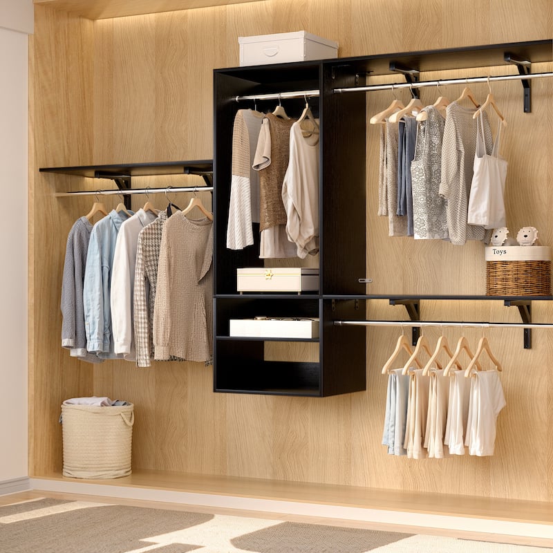Rackcog 96'' Hanging Closet System with 3 Shelving Towers and 3 Hanging Rods,Wall-Mounted Walk-in Closet Organizer