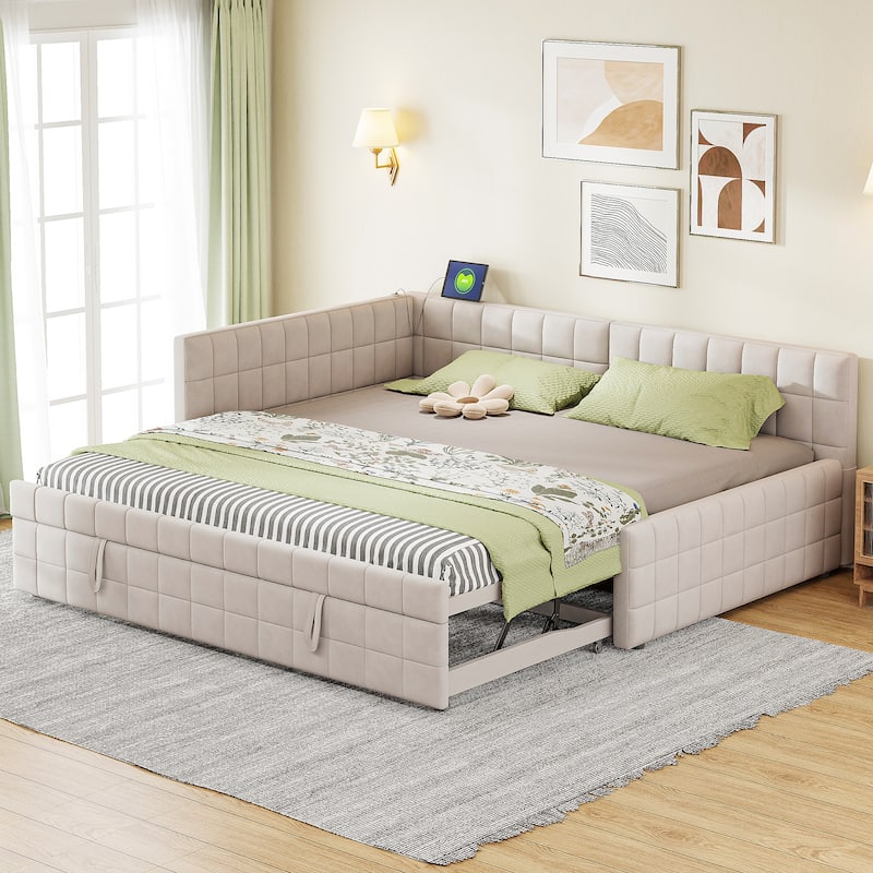 Full Size Daybed with Pull-Out Lift-Up Trundle, Upholstered Daybed Platform Bed with Stripes L-Shaped Backrest and Wood Slats - Beige Plaid - Full