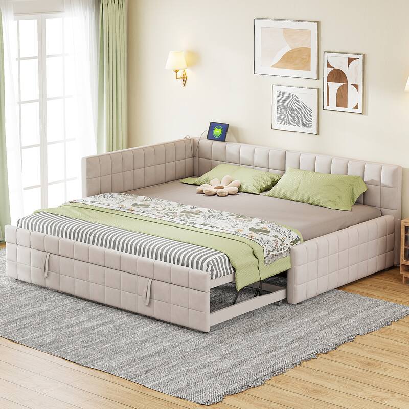 Full Size L-Shaped Upholstered Daybed - Includes Twin Pop-Up Trundle & USB Ports, Versatile Seating & Sleeping Solution - Beige