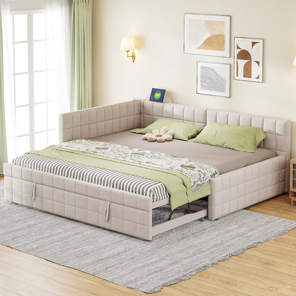 L Shaped Daybed with Pop up Trundle and USB Port, Upholstered Corner Sofa Bed Frame with Wood Slats, Full to King Design
