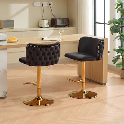Ostweer Furniture Classic Velvet Upholstered Swivel Barstools Black Gold Set of 2