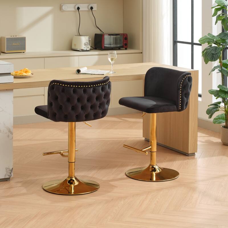 Set of 2 Modern Leather Upholstered Swivel Adjustable Height Tufted Bar Stools with Back