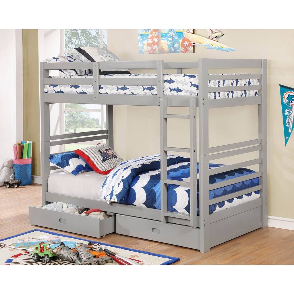 Twin Over Twin Bunk Bed with Two Drawers and Attached Ladder in Gray