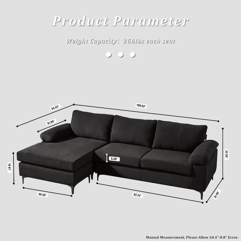 OVIOS Reversible Chaise Sofa With Fluffy Cushions Metal Legs