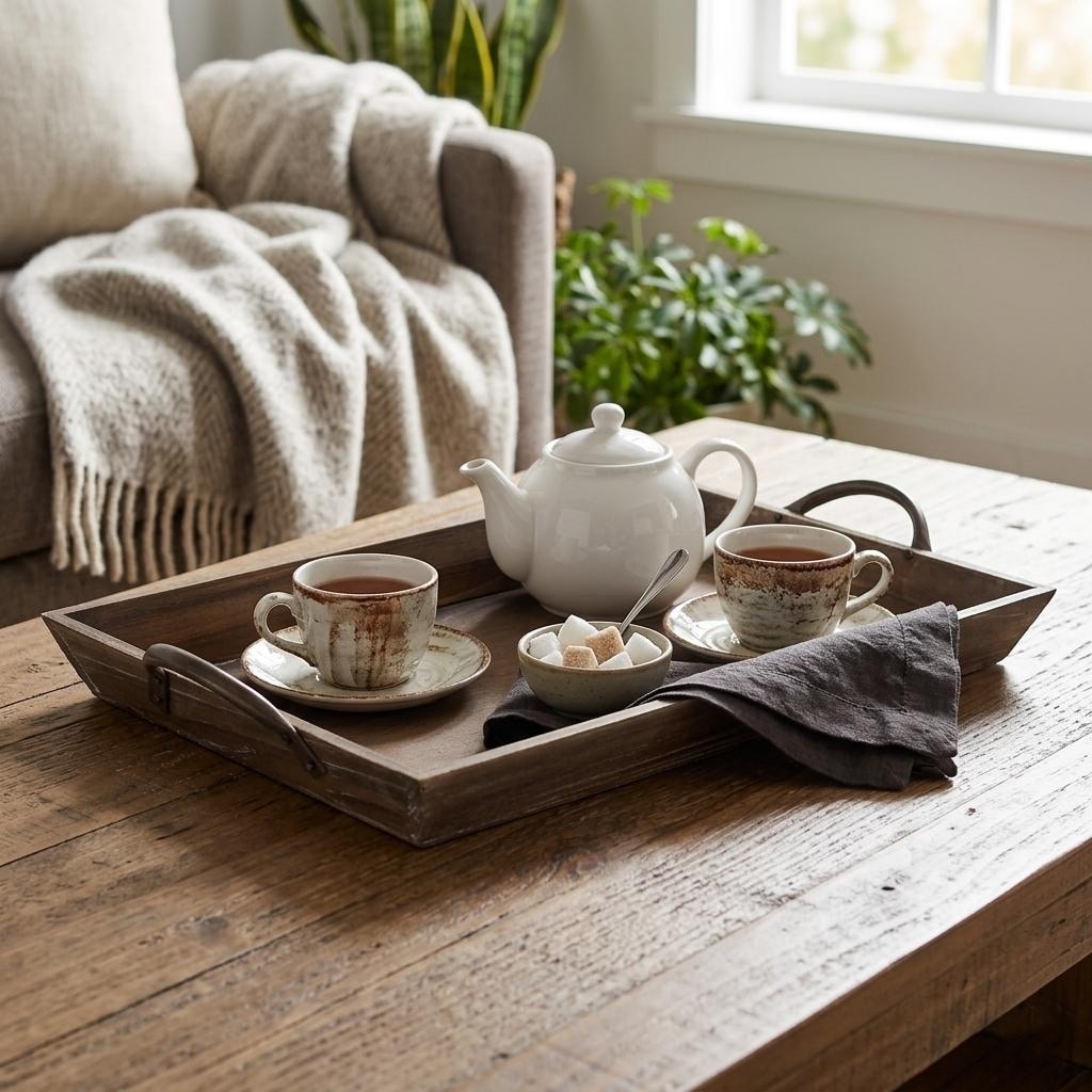Solid Wood Tapered Decor Tray with Metal Handles