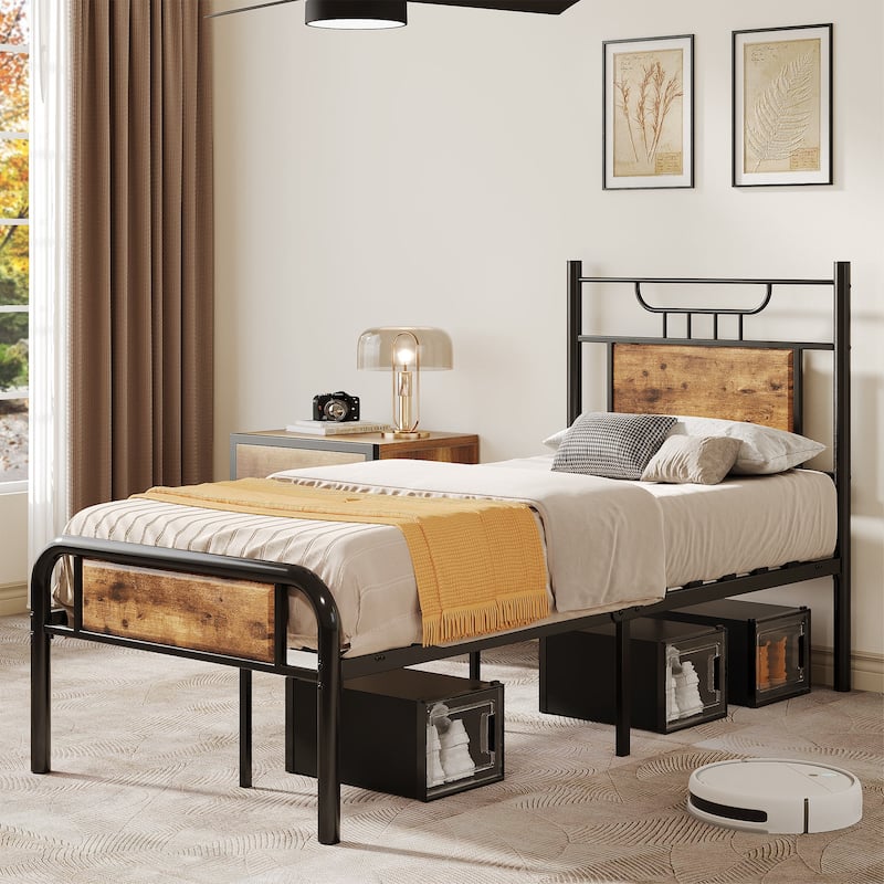 Moasis Wood and Metal Platform Bed Frame with Headboard Twin/Full/Queen Size