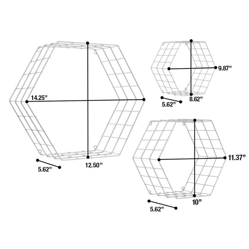 Metal Wire Hexagon Design Wall Mounted Floating Shelves, Set of 3