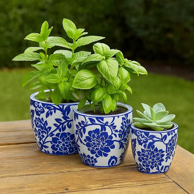 Garden Planter Set of 3, Ceramic Japanese White Blue Floral Pattern