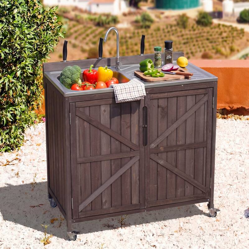 39.4" Outdoor Kitchen Island with 304 Stainless Steel Sink, Faucet & Storage Cabinet
