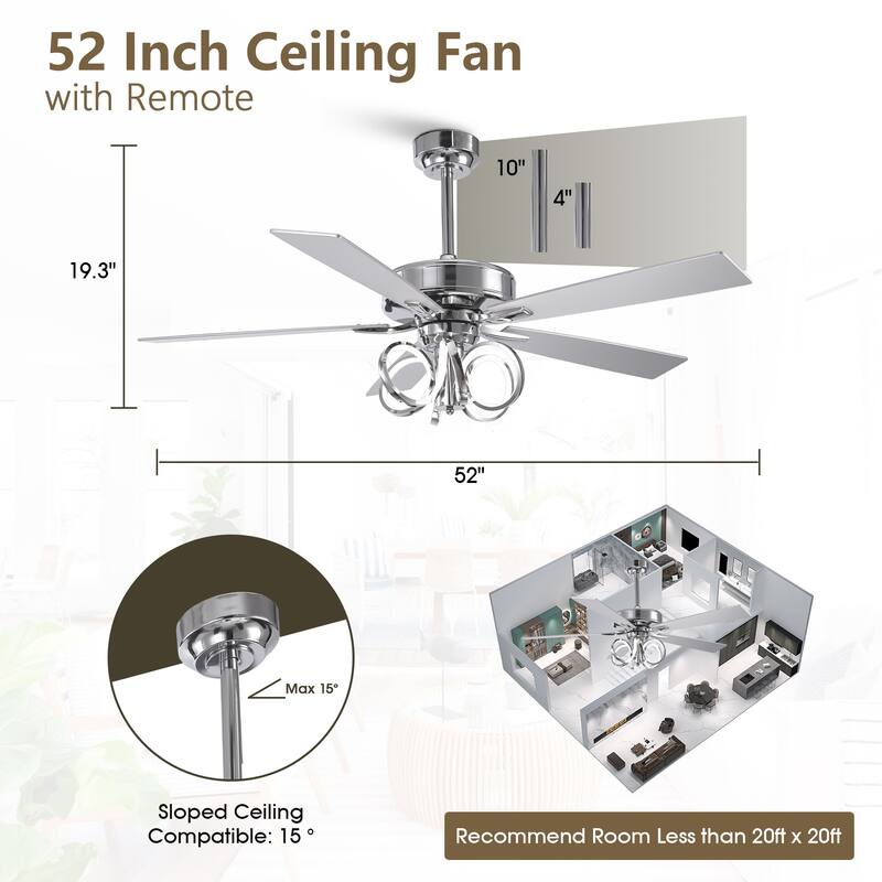 52" Modern Unique Dimmable LED Reversible Motor Ceiling Fan with Light and Remote - 52-inch W*19.3-inch H