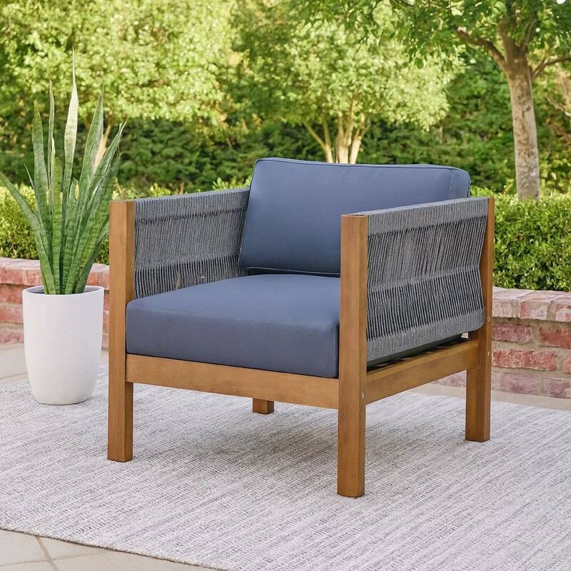 Club Lounge Chair, Woven Rattan Rope, Brown Acacia Wood, Gray Fabric