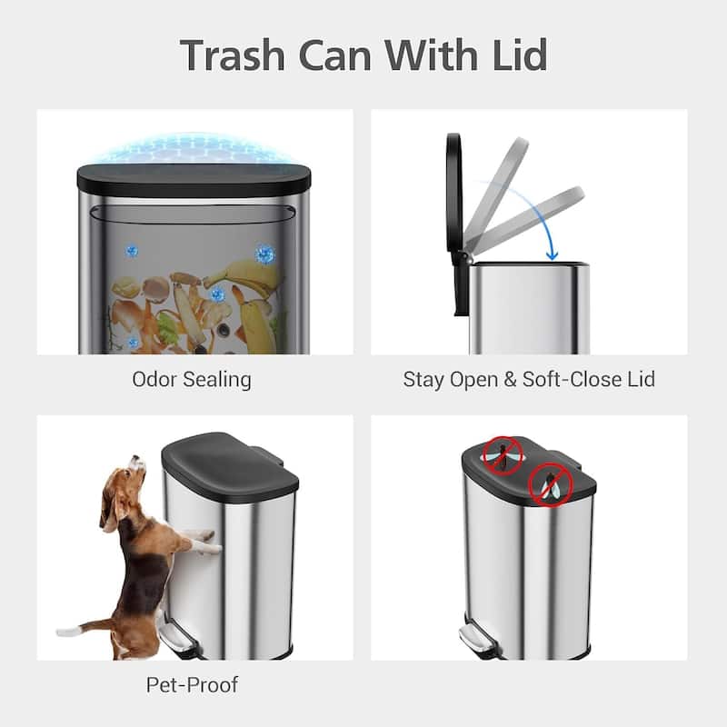 13 Gallon (50L) Stainless Steel Recycle Bin, Garbage Can with Slow-Close Lid