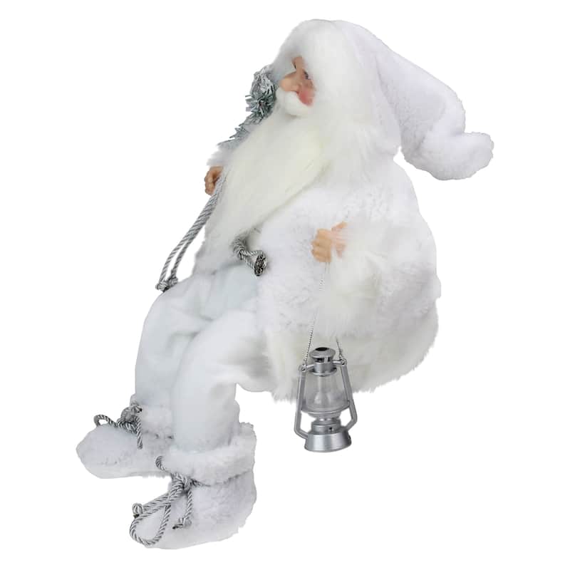 16" White Frost Sitting Santa Claus Christmas Figure with Lantern