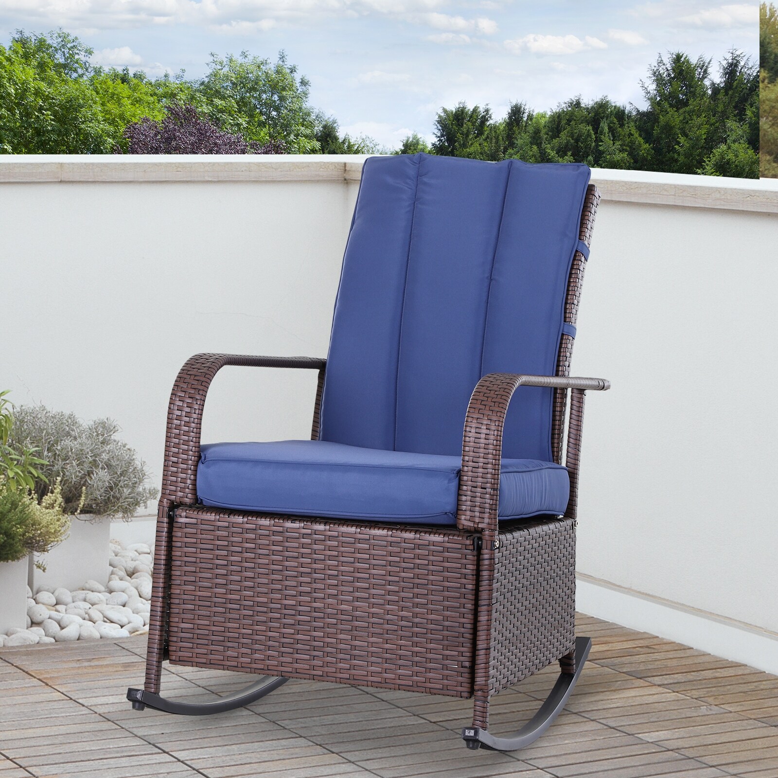Outsunny Outdoor Wicker Rattan Recliner Rocking Cushioned Chair
