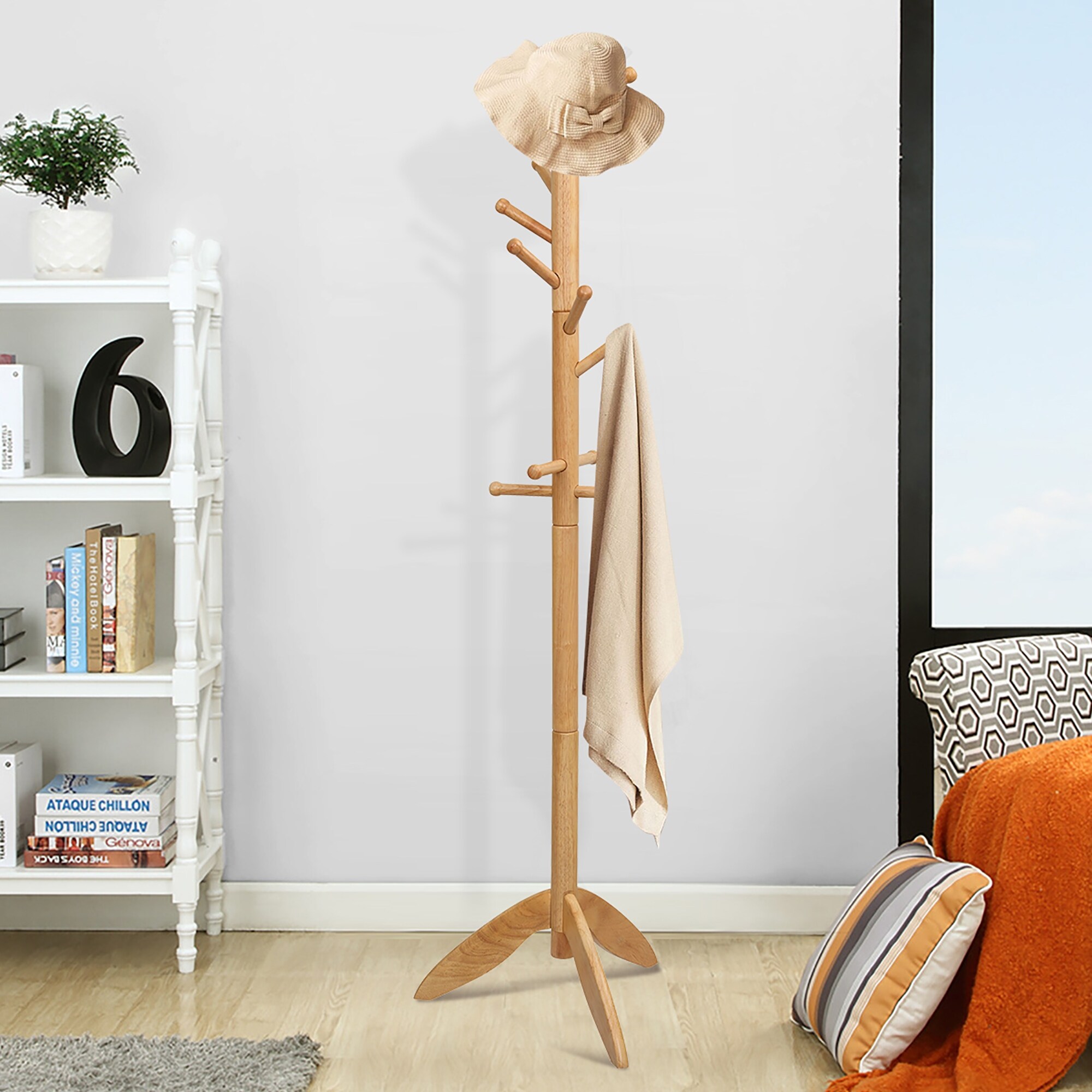 White Entryway Wall Mounted Coat Rack with 4 Dual Hooks Living Room Wooden Storage Shelf