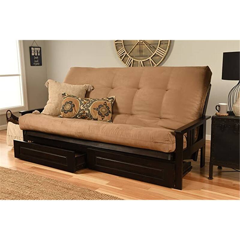 85 in. Espresso/Suede Peat Polyester Upholstered Queen Size Futon Set with Mattress and Storage Drawers