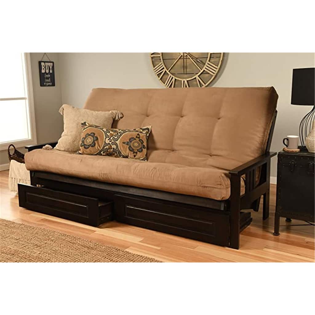 85 in. Espresso/Suede Peat Polyester Upholstered Queen Size Futon Set with Mattress and Storage Drawers
