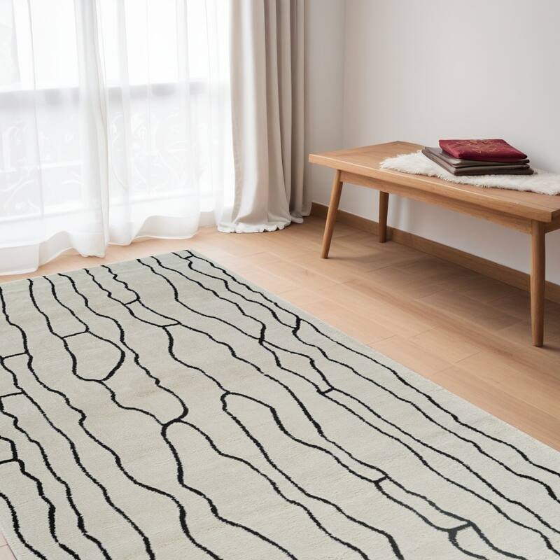 Distressed Abstract Modern Stain Resistant Woven Soft Area Rug - 5' X 8' - Cream and Black - Rectangle