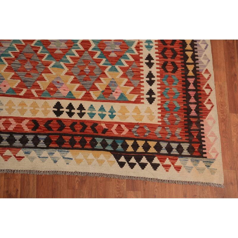 Reversable Trellis Kilim Oriental Area Rug Handmade Wool Carpet - 10'0"x 12'9"