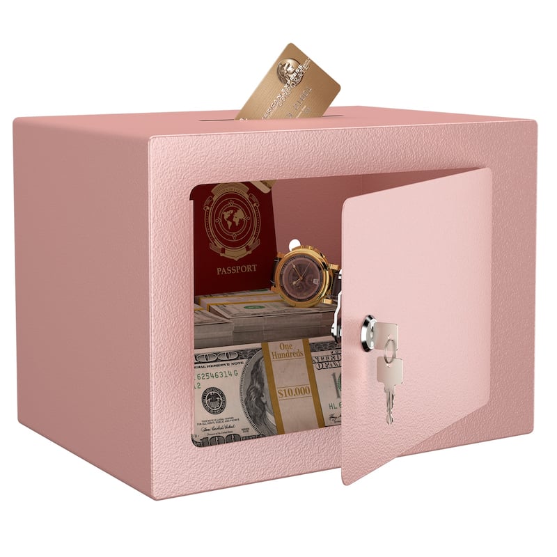 Secure Safe With Key And Password Money Home Safe, 0.23 Cubic Feet Small Safe, Mini Storage Cabinet - Pink