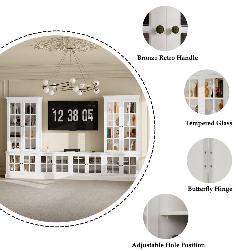 Bookshelves White Storage Unit Glass Display Doors Stylish TV Stand Entertainment Bookcase