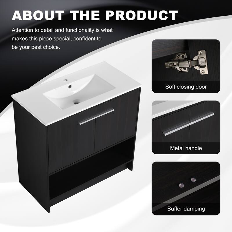 36 Inch Freestanding Bathroom Vanity with Eco-Friendly Plywood, Ceramic Sink & Soft Closing Doors