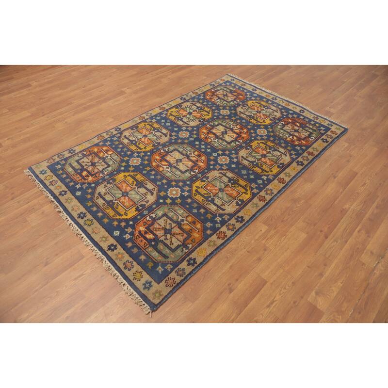 Hand-knotted Traditional Wool Blue Geometric Area Rug Oriental Carpet - 6' 0'' X 3' 9''