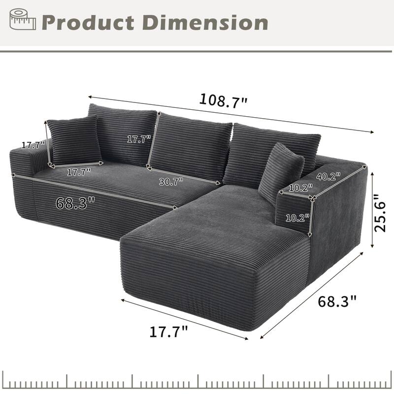 Roomfitters Modular Sectional Sofa L-Shape Cloud Couch with Oversized Right Facing Chaise, Memory Foam 2-Seat Sofa