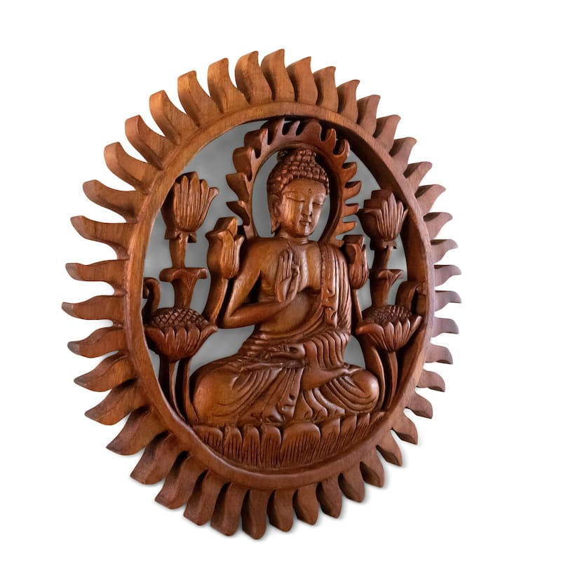12" Wooden Hand Carved Wall Hanging Serene Buddha Meditation Sculpture Statue Handmade Figurine Panel Relief Gift Home Decor