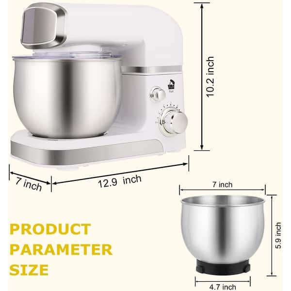 dimension image slide 5 of 8, 3.2Qt Stand Mixer, 6-Speed Lightweight Kitchen Mixer with Whisk, Hook